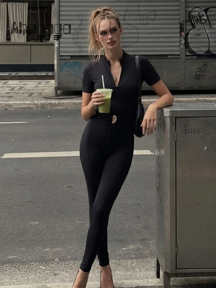 

Ahagaga Summer Jumpsuit Women Casual Business V Neck Bodycon Slim Sheath Short Sleeve High Waist Fitness Solid Office Jumper