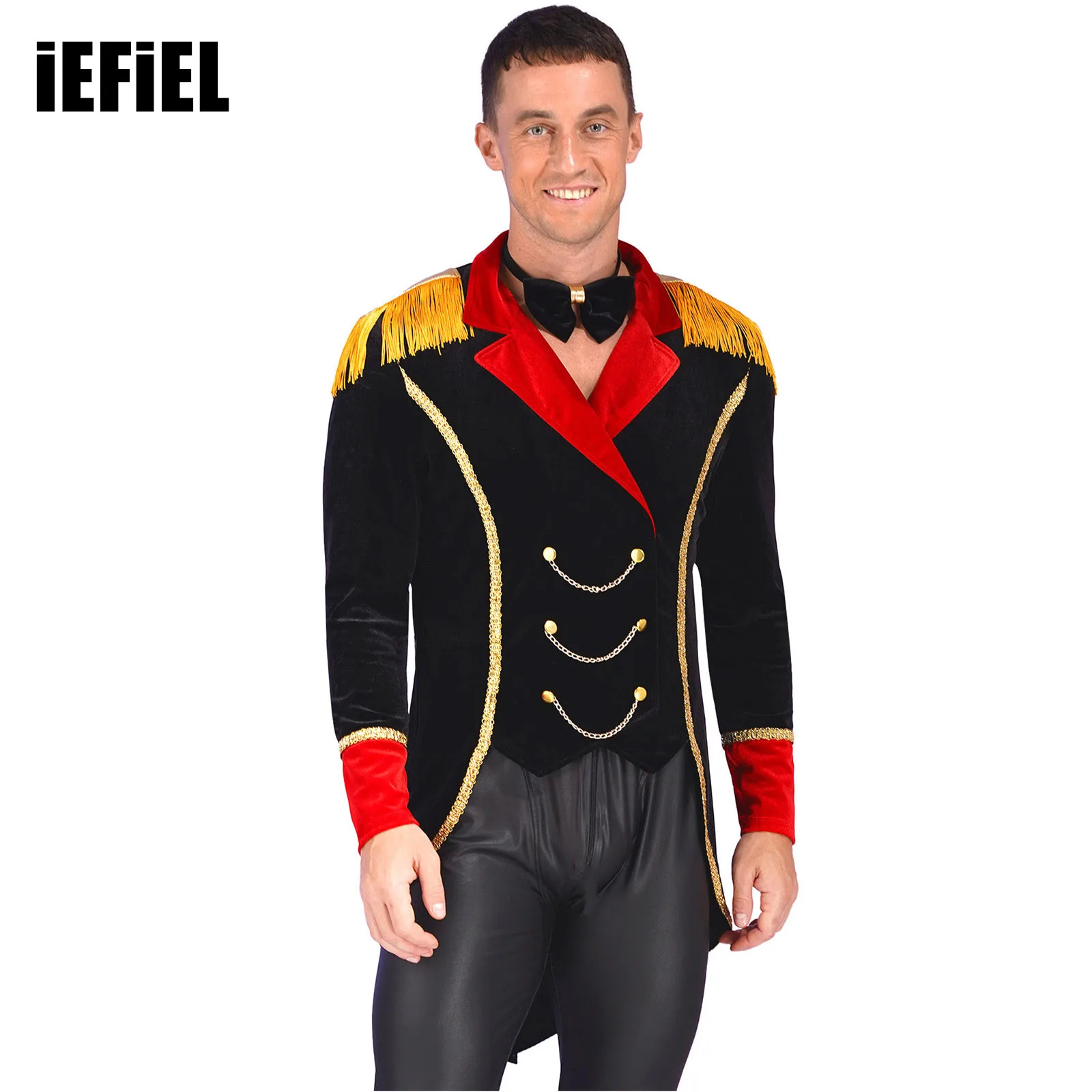 

Men Halloween Circus Ringmaster Cosplay Costume Lapel Fringe Velvet Jacket Metal Chains Swallow-Tailed Coat with Bow Tie