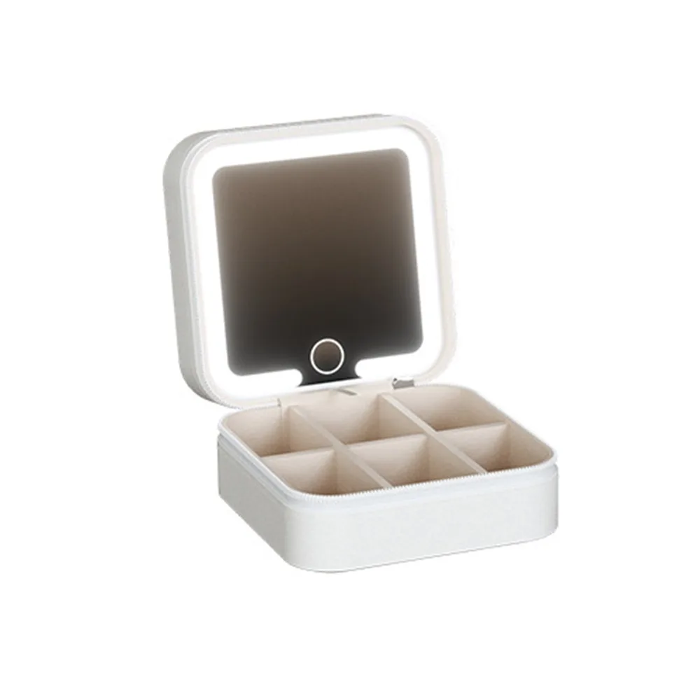 

Detachable Jewelry Box with Mirror Large-capacity 3-Color Light LED Lighted Earrings Case Space Saving Square