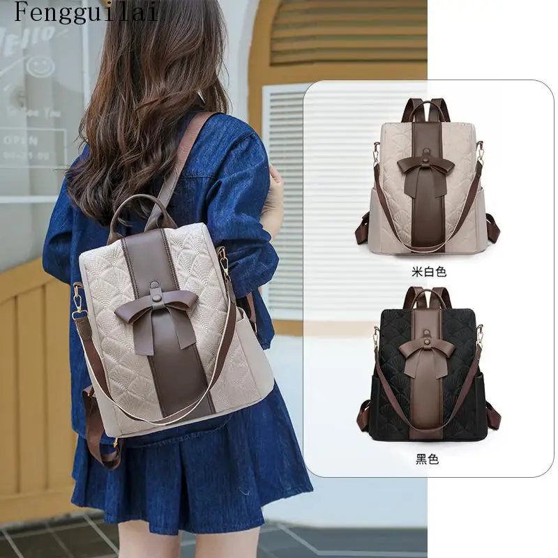 Ladies Bow Decor Quilted PU Backpack Convertible Crossbody Shoulder Bag Anti Theft Large Capacity Travel Backpack