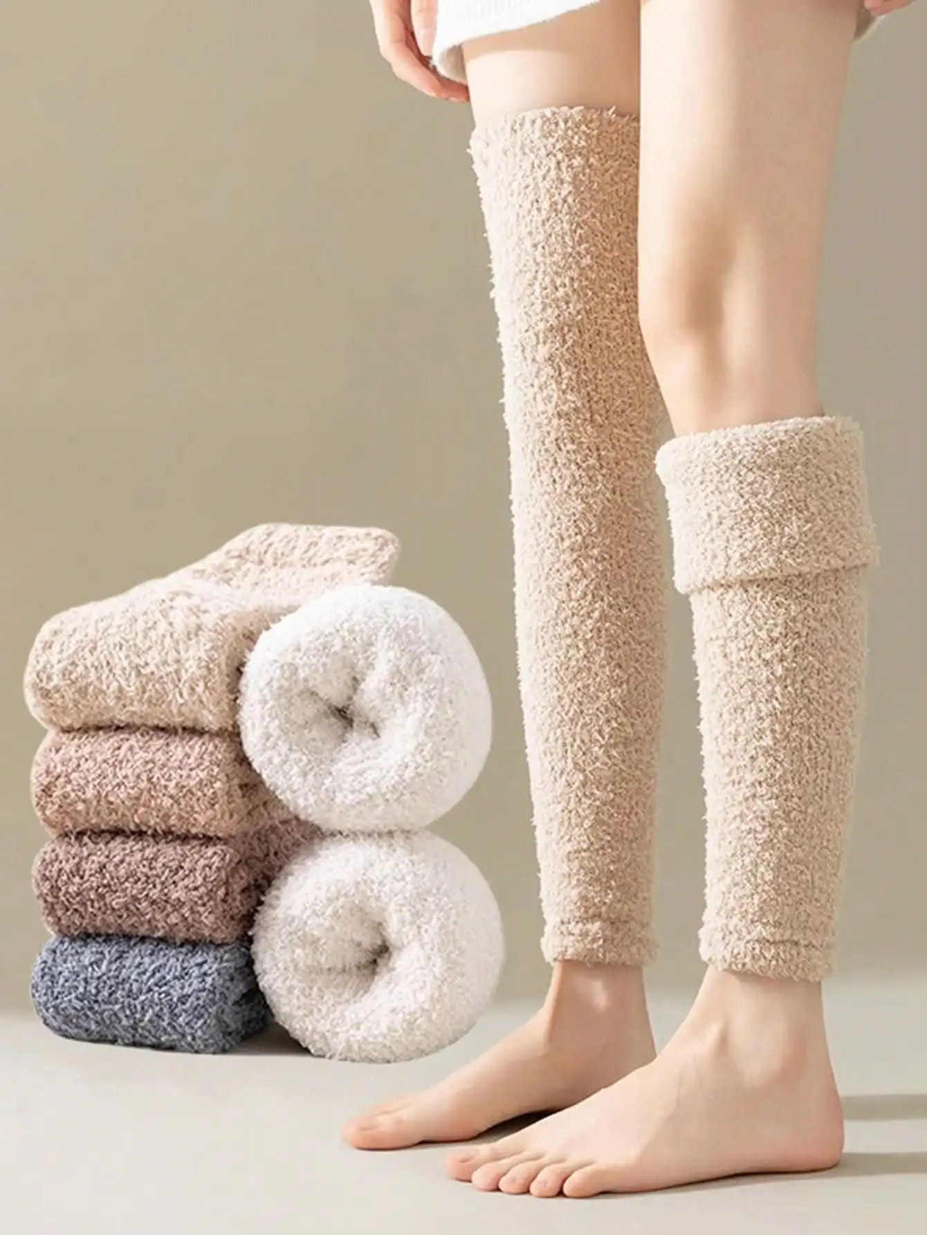 4 Pairs Of Solid Color Women's Leg Warmers, Cold Resistant Long Socks, Over The Knee Warm Knitted Leg Protectors, Thick Winter Boots, Long Socks