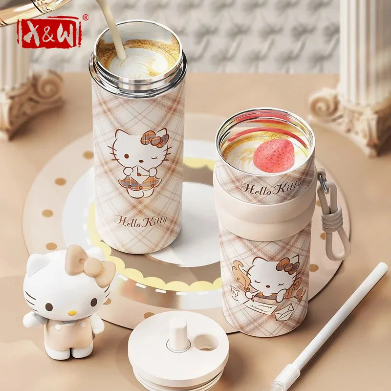 X&W Hello Kitty Insulated Cup 316 Stainless Steel Vacuum Bottle Straw Cup Portable Outdoor Sports Travel Car Camping Ice Cup