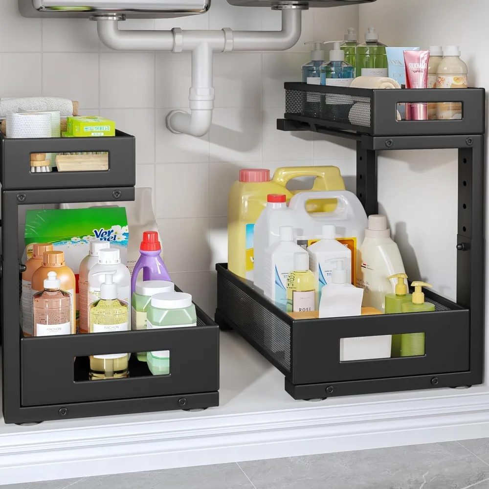 

2-Pack Under Sink Storage Organizer, Large 2-Tier Elegant Mesh Pull Out Shelf for Kitchen and Bathroom Cabinet Organization,