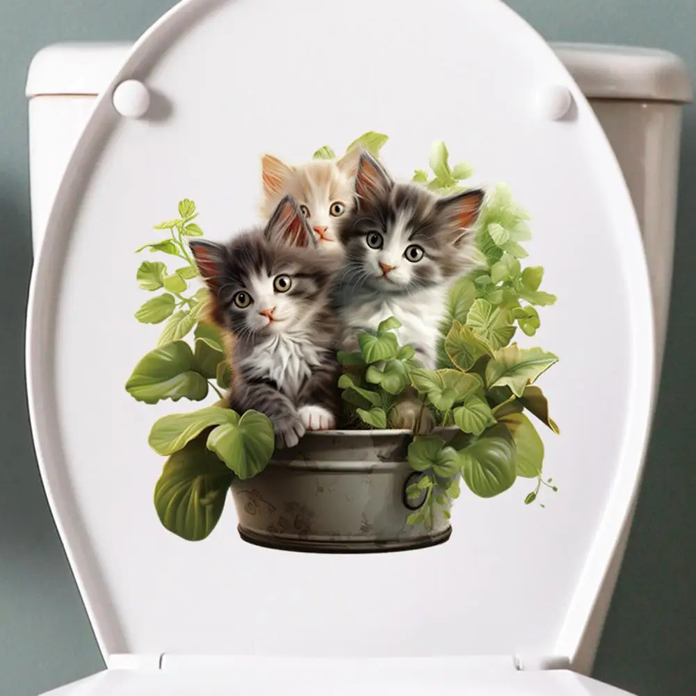 Toilet Sticker Green Plant Cat Pattern Toilet Lid Sticker Wall Decal Cartoon Realistic Mural Sticker For Home Bathrom Decoration