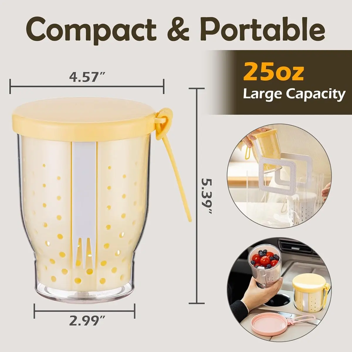 Copos de frutas de viagem de 25 onças para carro, copo de armazenamento de salada de frutas com garfo e tampas, recipientes de lanche reutilizáveis à prova de vazamentos azul