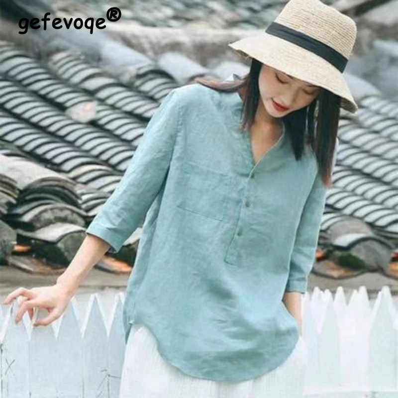 Summer New Ethnic Style Cotton Linen Pullover Shirt Ladies 3/4 Sleeve Comfortable Solid Color Top Women Literary Vintage Blouse