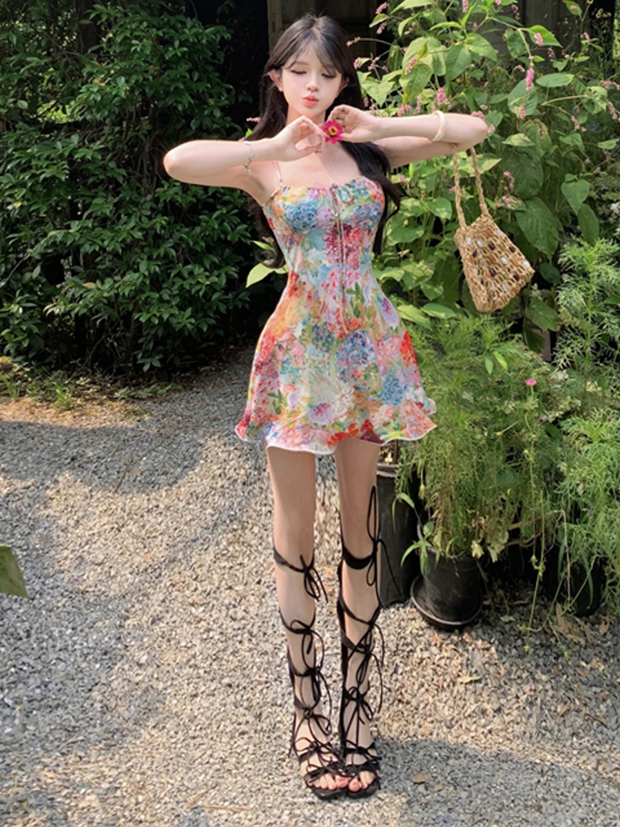  Print Strapless Dress Elegant High Waist A-Line Skirt Short Sleeve Travel Vacation Outing Waist Cinch Fashionable