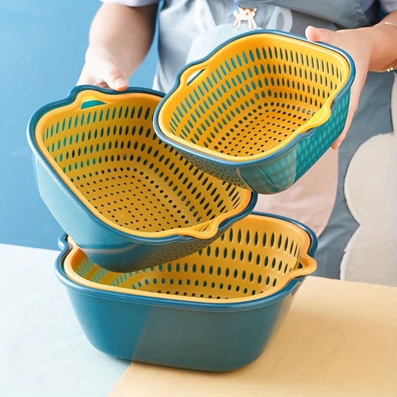 

6pcs, Double Layer Drain Basket, Vegetable Washing Basket, Colander Basket, Plastic Strainer Basket, Reusable Washing Basket, Ho