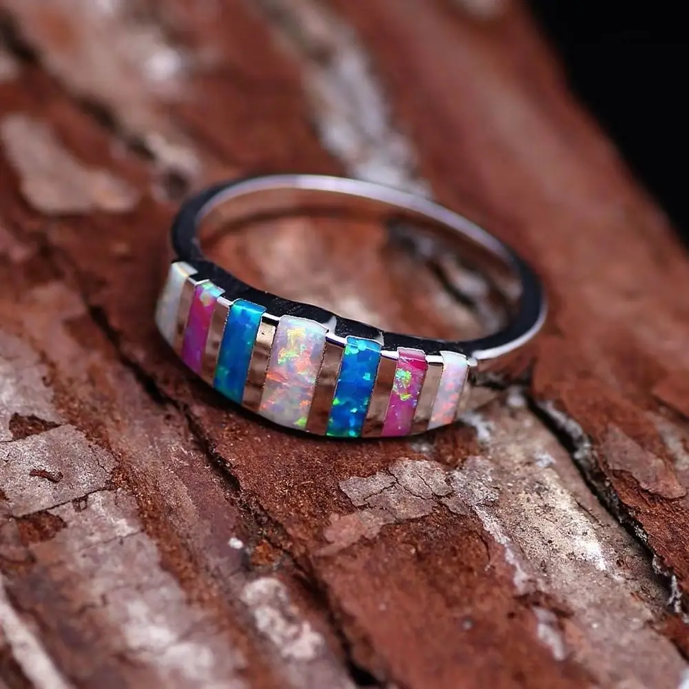 Hot Selling Color Block Ring Rainbow White/Blue/Pink Australian Gem Design Women Wedding Jewelry Gift