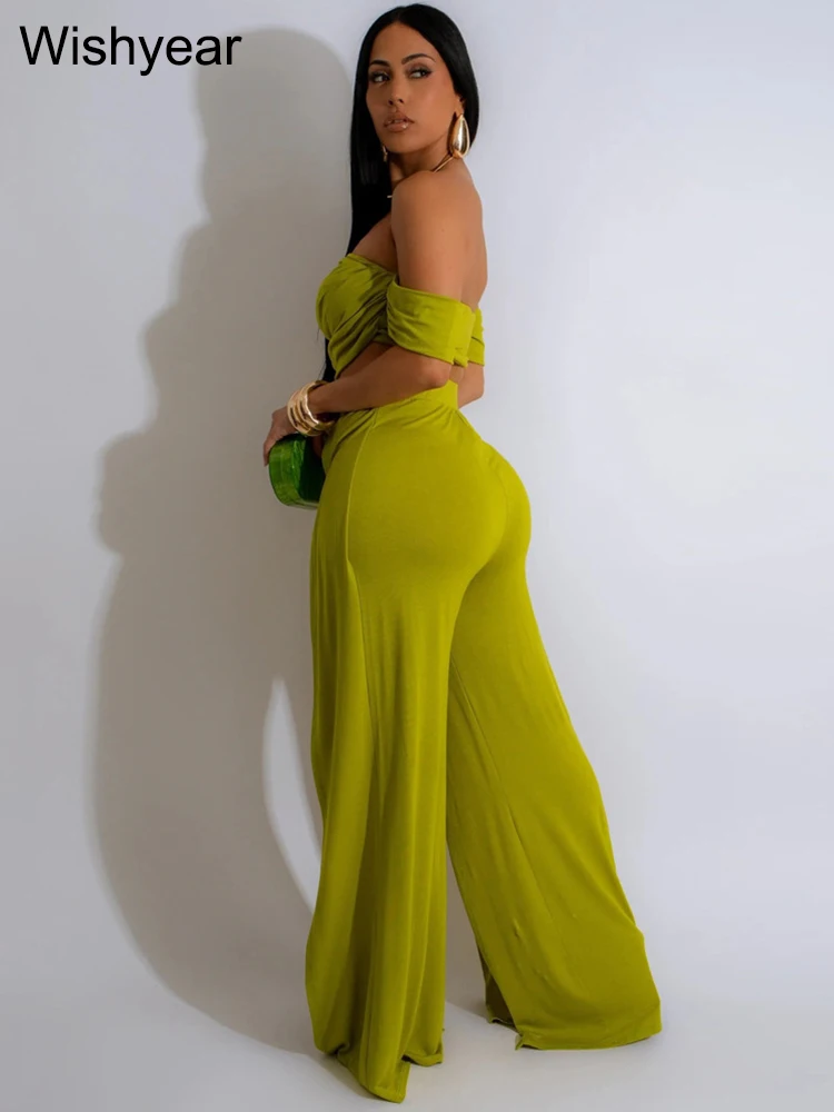 New Sexy Strapless Crop Tops and High Split Wide Leg Pants Green Two 2 Pieces Women Birthday Outfit Matching Set Night Clubwear