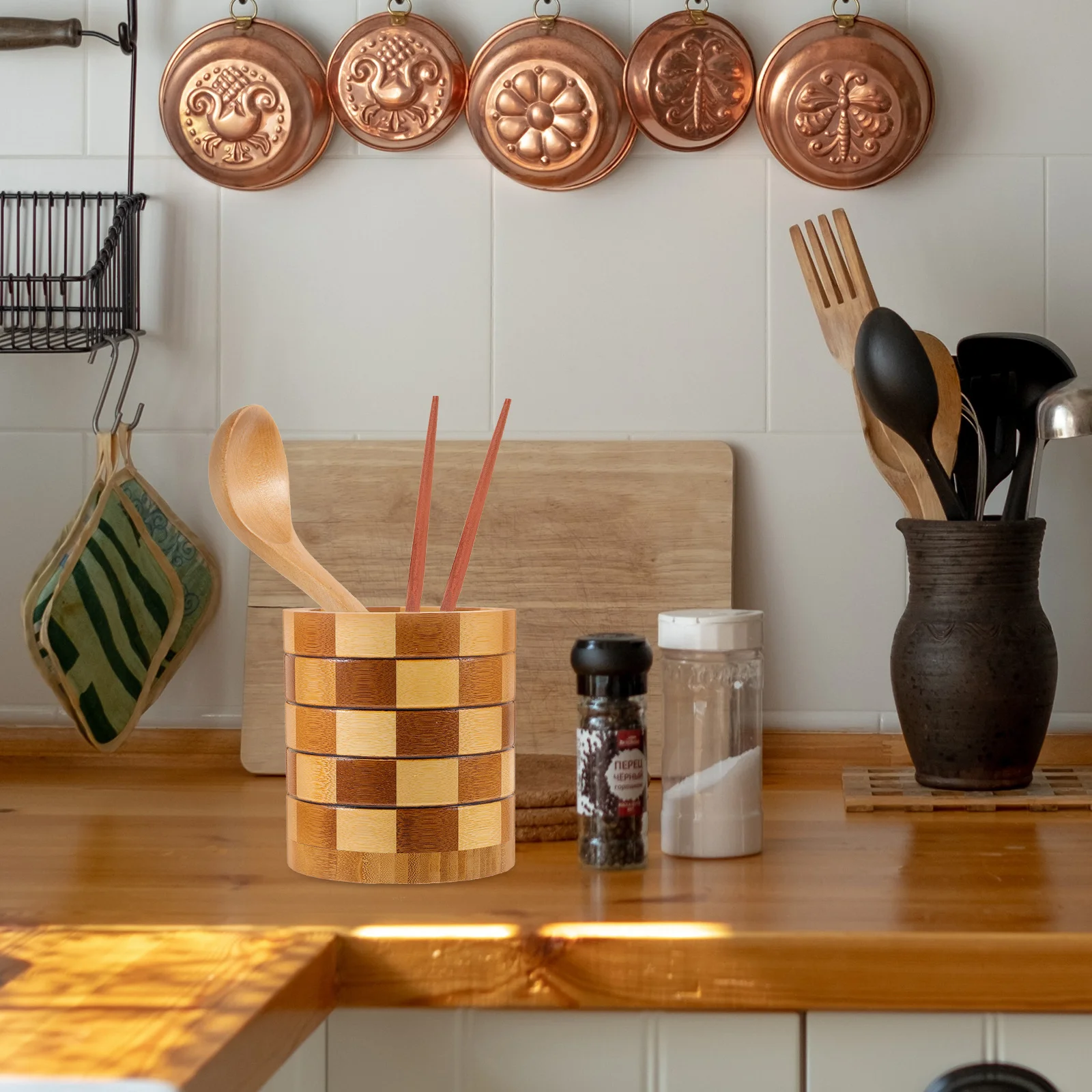 Vintage Check Utensil Storage Holder Multipurpose Tableware Organizer Kitchen Countertop Chopstick Flatware Cutlery Container