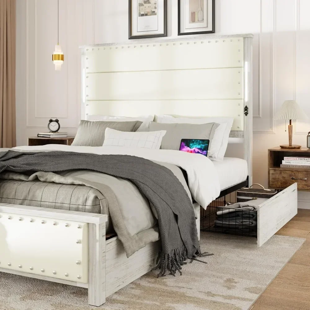 Queen  Size Bed Frame with Linen Upholstered Headboard Iron Platform Bed with Touch Light Belt Built-in Charging Station image 3
