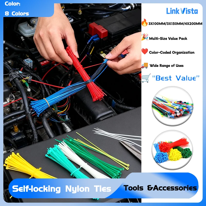 Size 100/150/200mm Cable Fasten Organiser Self Locking Cable Ties Nylon Multicolour Plastic Zip Wire Binding Wrap Straps DIY