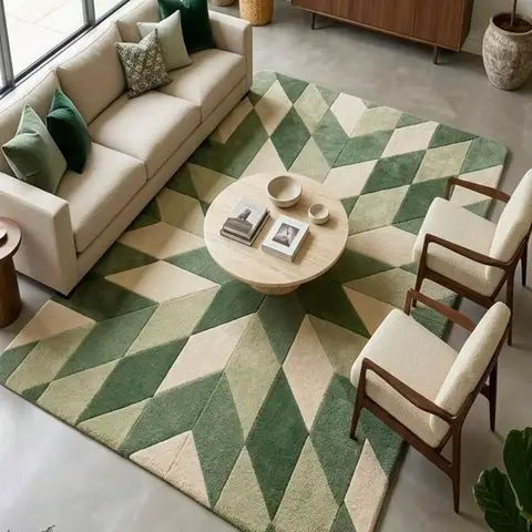 Luxurious Sage Green Geometric Pattern Carpet, Tufted Wool Carpet, Modern Scandinavian Style Carpet, Modern Living Room Carpet.