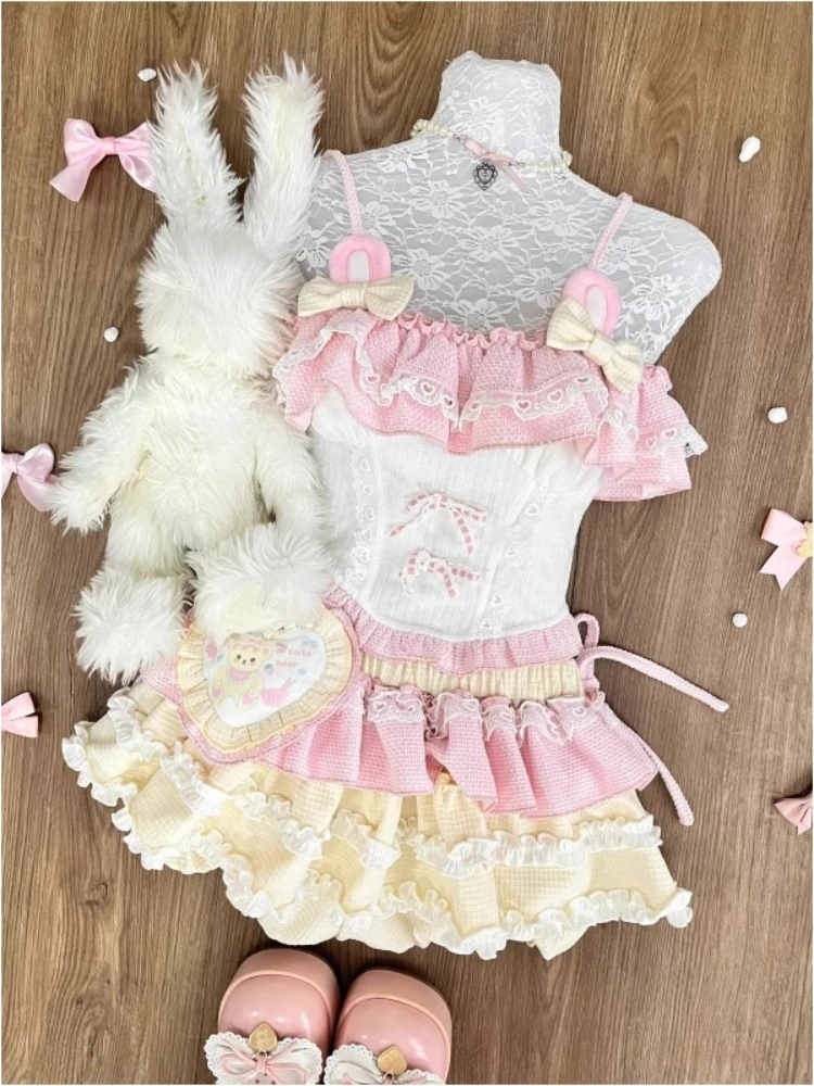 

Летний японский кавайный Лолита, элегантный комплект из 2 предметов, женский розовый Y2k, дизайн с бантом, мини-юбка, костюм, женский костюм принцессы, милые шикарные наряды