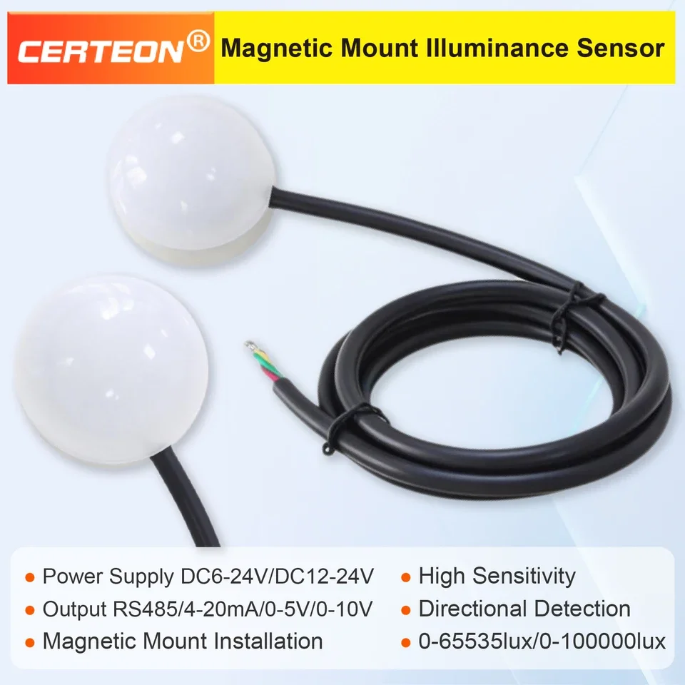 KM756 Industrial Light Sensor Illuminance Lux Sensor RS485 4-20mA 0-10V DC 6-24V Magnetic Mount Mini Transmitter