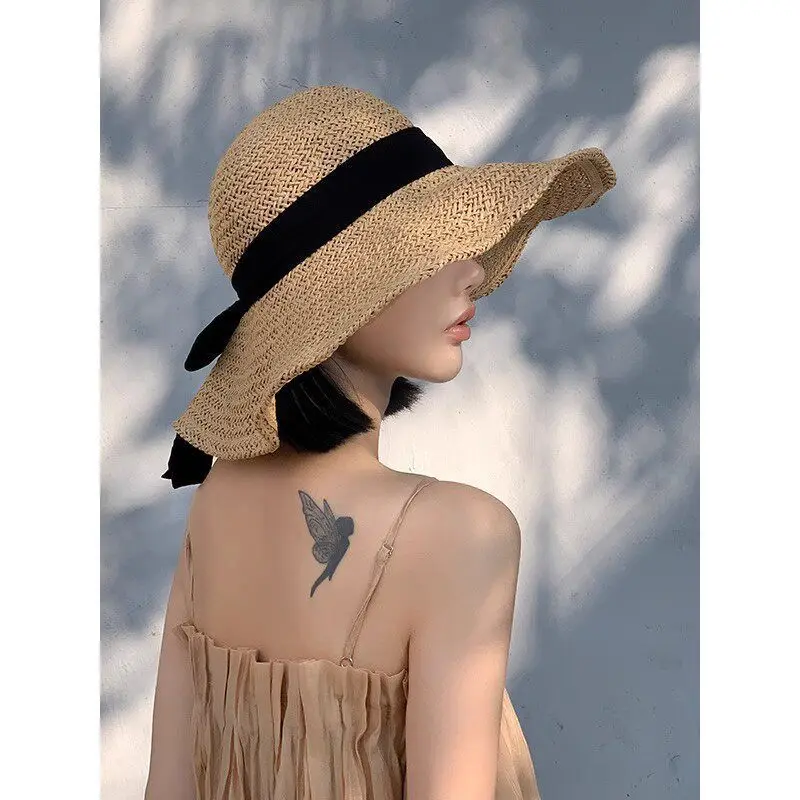 Camel Color Women Wide Brim Straw Hat With Black Bowknot Uv Protection Summer Breathable Sun Hat Face Slimming Beach Seaside Tra