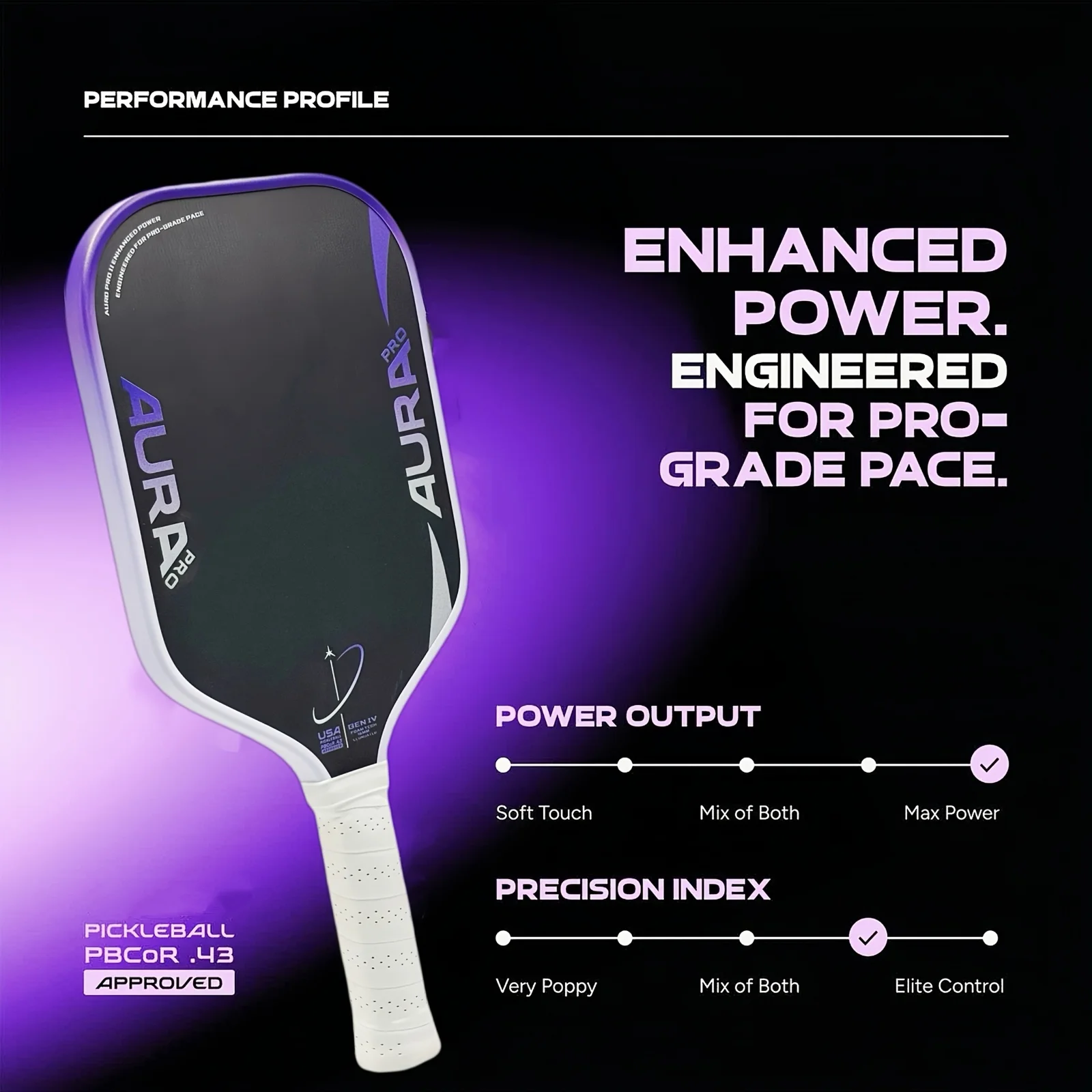 AURA Pro T700 Carbon Fiber Pickleball Paddlle, Textured Surface, Polymer Power Core, Elongated Face,  Enhanced Power&Spin