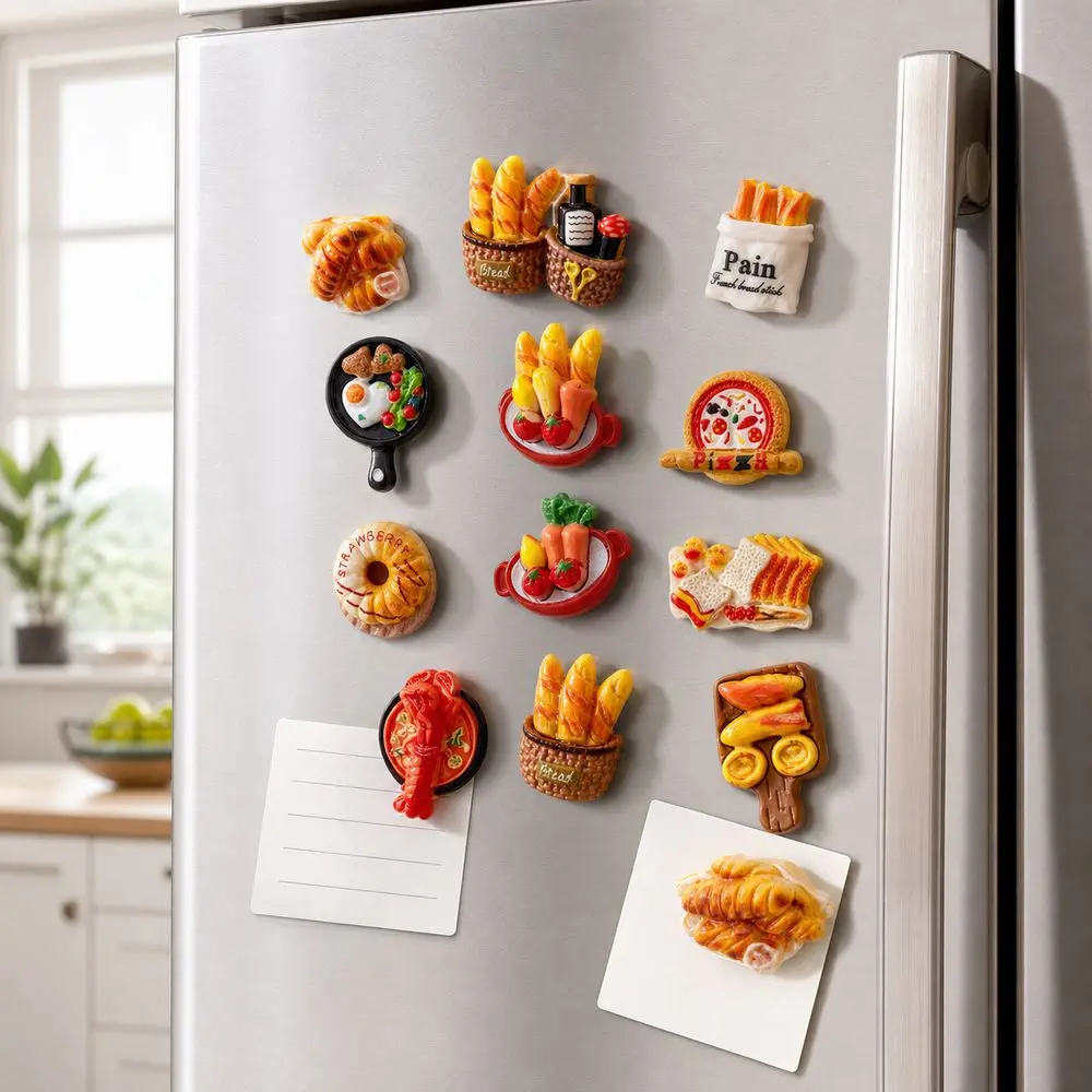 12PCS Resin Bread Fridge Magnets Miniature Food Realistic Bread Refrigerator Magnets Cute Cartoon Style Magnetic Backing