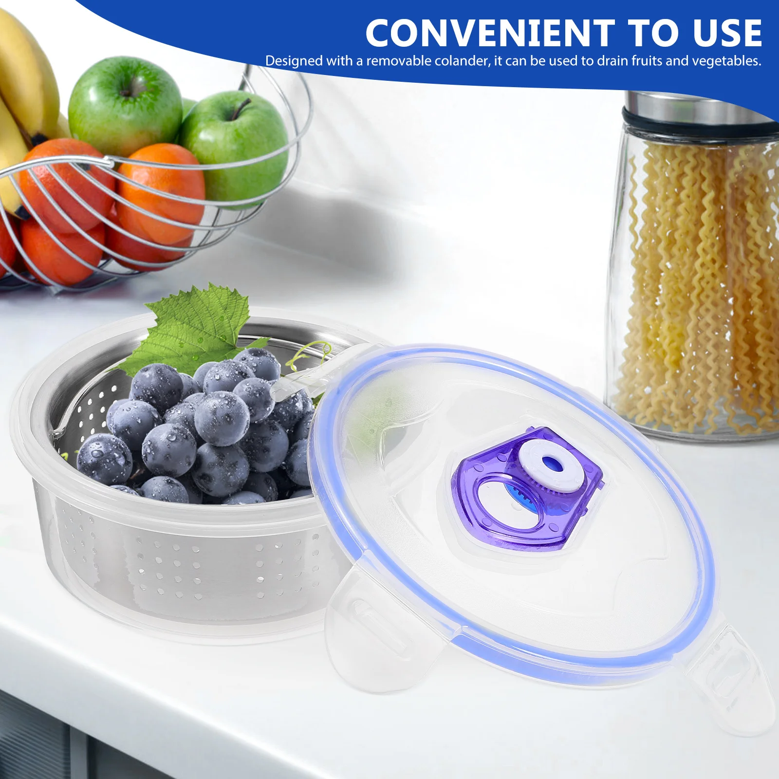 

1 set 1 Set Pcs Drain Basket Freshness Box Clear Fruit Container Stainless Steel Colander Fridge Organizer Bin Vegetable Keeper