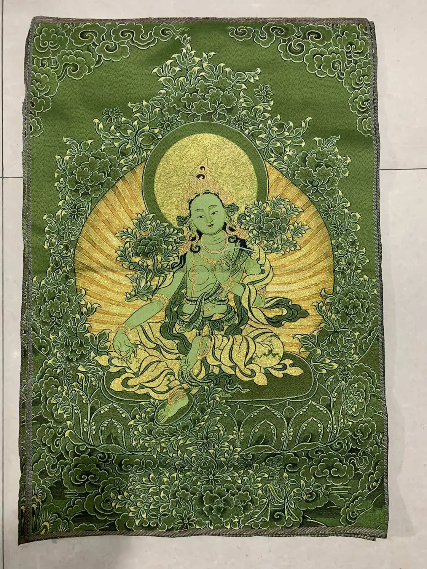 Chinese charm silk central hall mural weaving brocade green tara decorative hanging painting Thangka