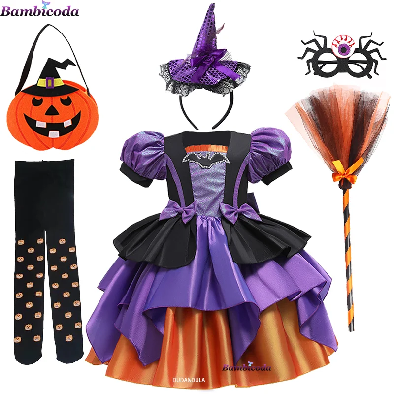 Girls Fancy Pumpkin Halloween Dress Kids Cosplay Bat Print Witch Costume Festival Party Ball Gown Children Princess Dress