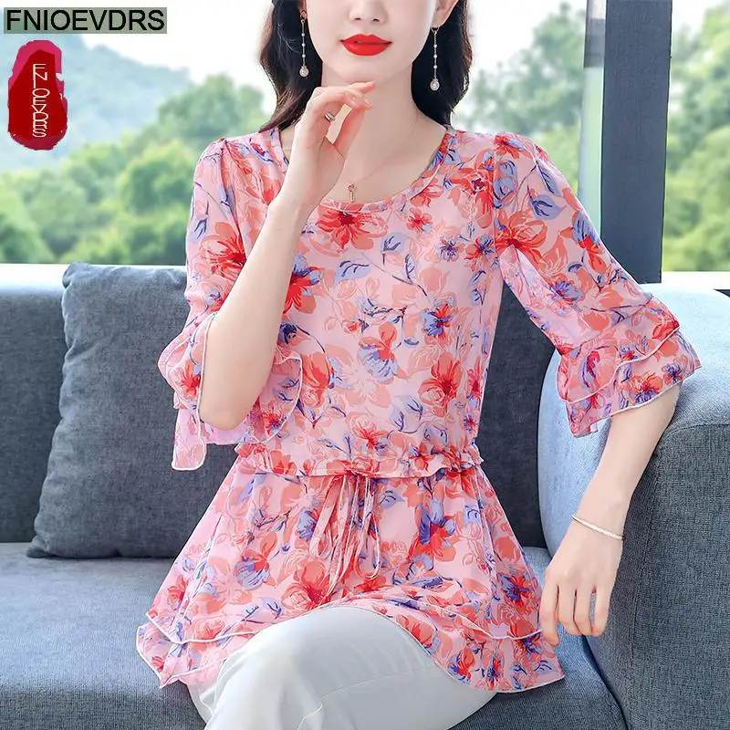 S-4XL Loose Clothes 2023 Women Summer Slim Waist Drawstring Ruffles Shirts Casual Chiffon Floral Tunic Peplum Tops And Blouses