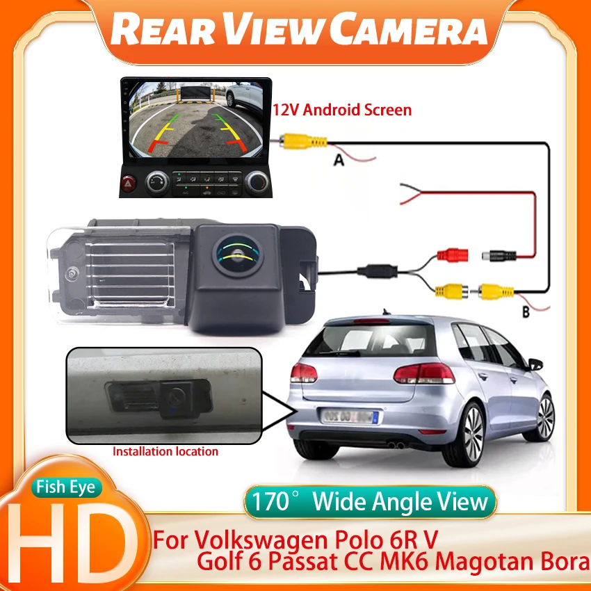 

FishEye 170°Wide Angle HD CCD Waterproof Car Rear View Reverse Camera For Volkswagen Polo 6R V Golf 6 Passat CC MK6 Magotan Bora