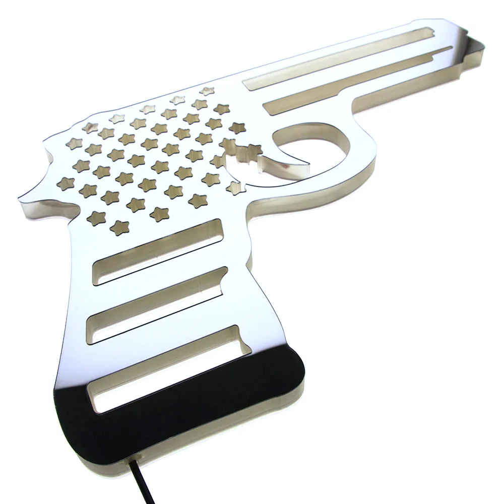 Pistol Gun Flag LED Lighted Neon Sign USA Patriotic Design Home Decor 2nd Amendment American Distressed Flag Military Wall Light