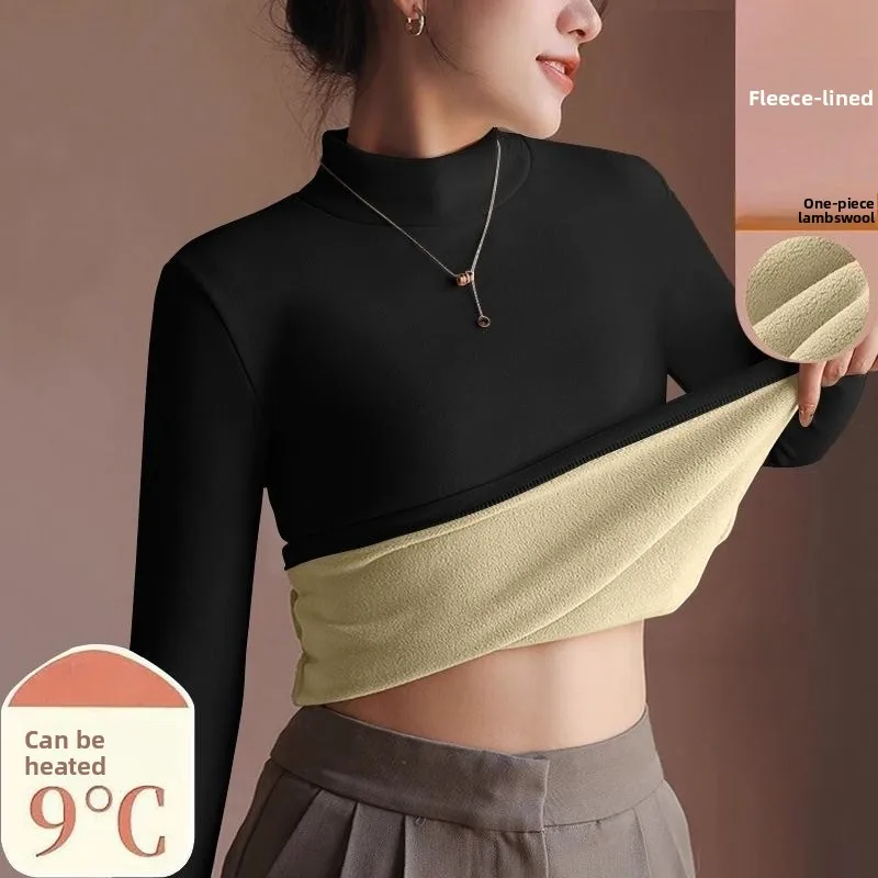 Damenpullover Herbst Winter Retro mit Samtfutter Verdickte Innenbekleidung Thermokleidung Langarm-T-Shirt Bottoming Shirt