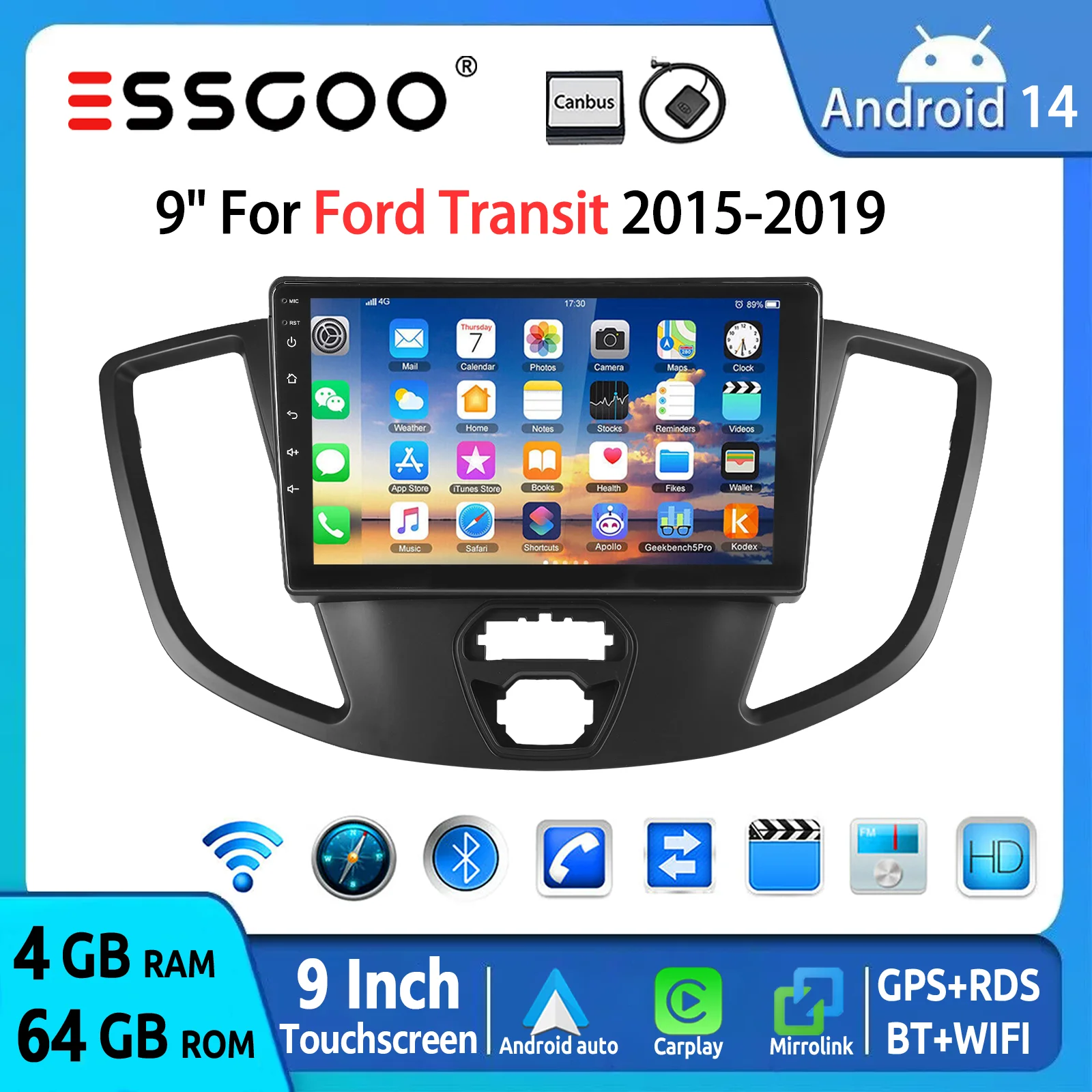 ESSGOO Android 14 Autoradio 9 Zoll für Ford Transit 2015-2019 Wireless CarPlay Android Auto GPS Navigation WiFi FM USB RDS Bluetooth Touchscreen Multimedia Video Player Head Unit
