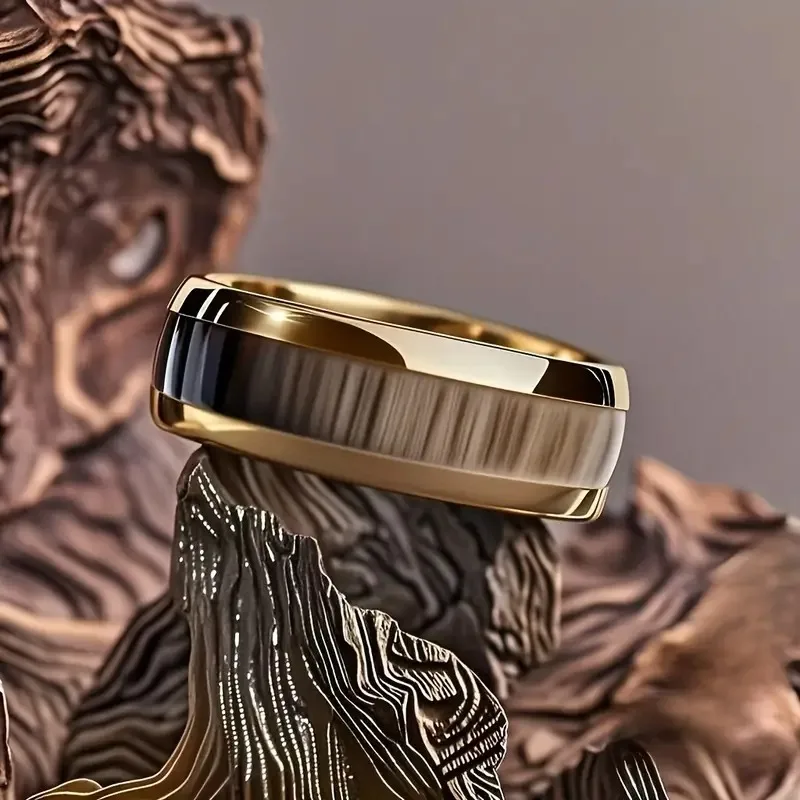 Modischer schwarzer Herrenring aus Edelstahl mit vulkanischer Lava und goldenem Folienmuster-Einlage – Ringe für Herren, Hochzeitsschmuck, Direktversand