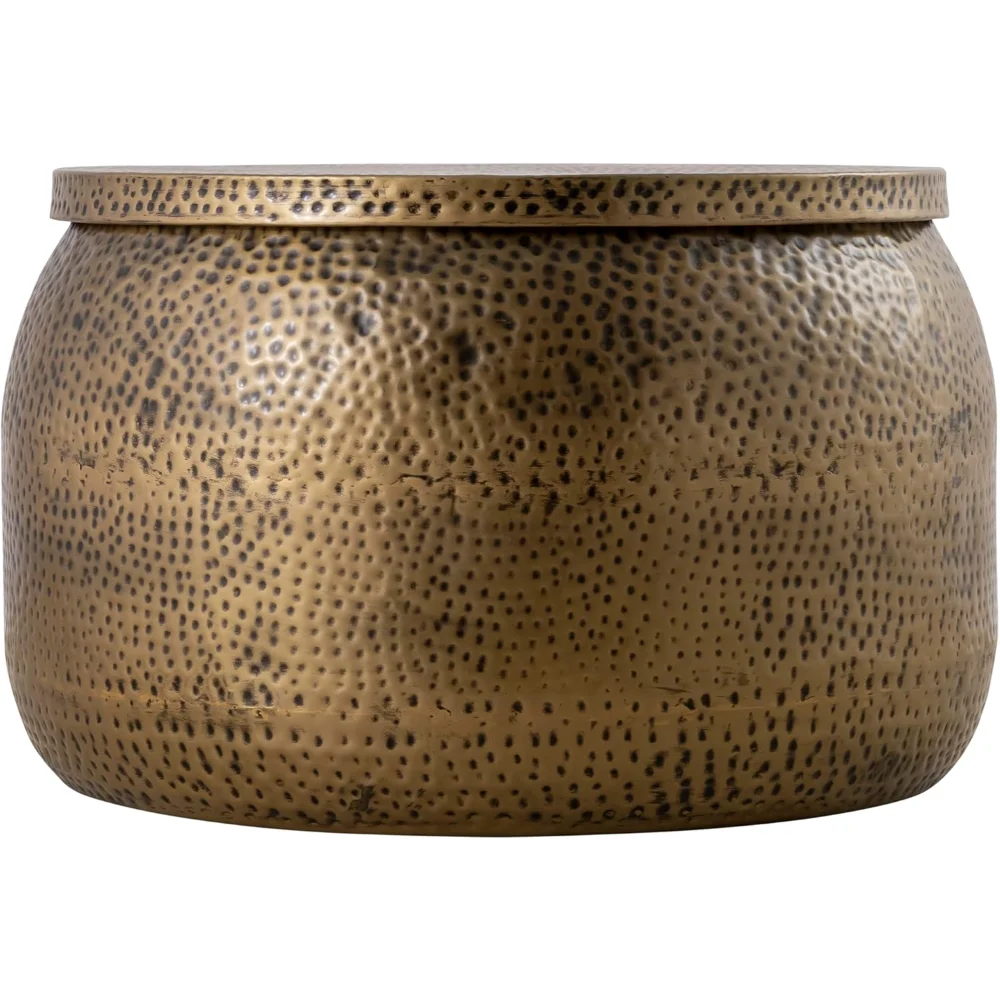 Modern Round Brass Metal Drum Coffee Table - Aluminum Hammered Embossed Texture, Removable Lid for Storage,