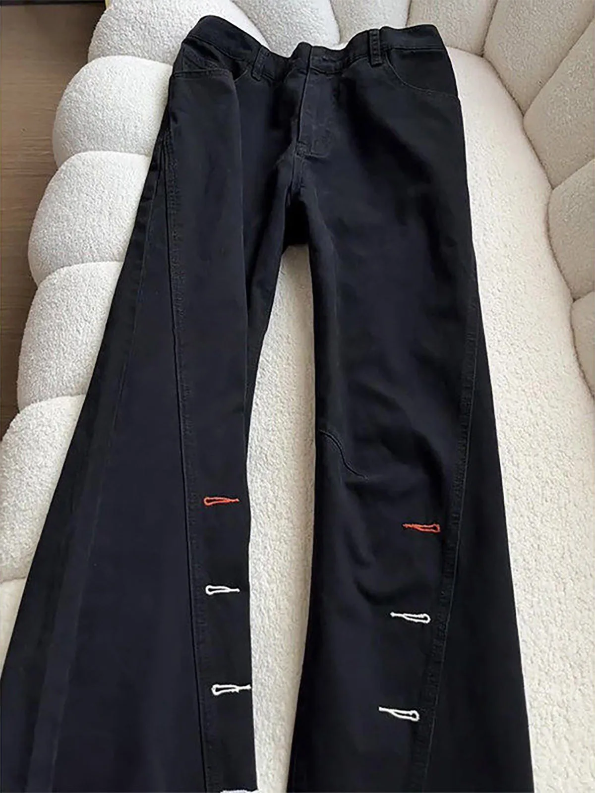 Black Embroidered Flared Jeans Men's Spring Design Slanted Cut Straight Vibe Long Slimming American Style mid Waist Zipper Ca...