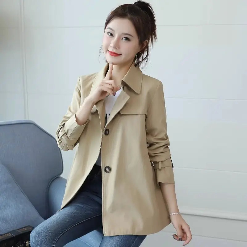 Spring Autumn Short Trench Coat Women's Khaki Design Long Sleeve Jacket Single-Breasted Coats Tie Black Tops