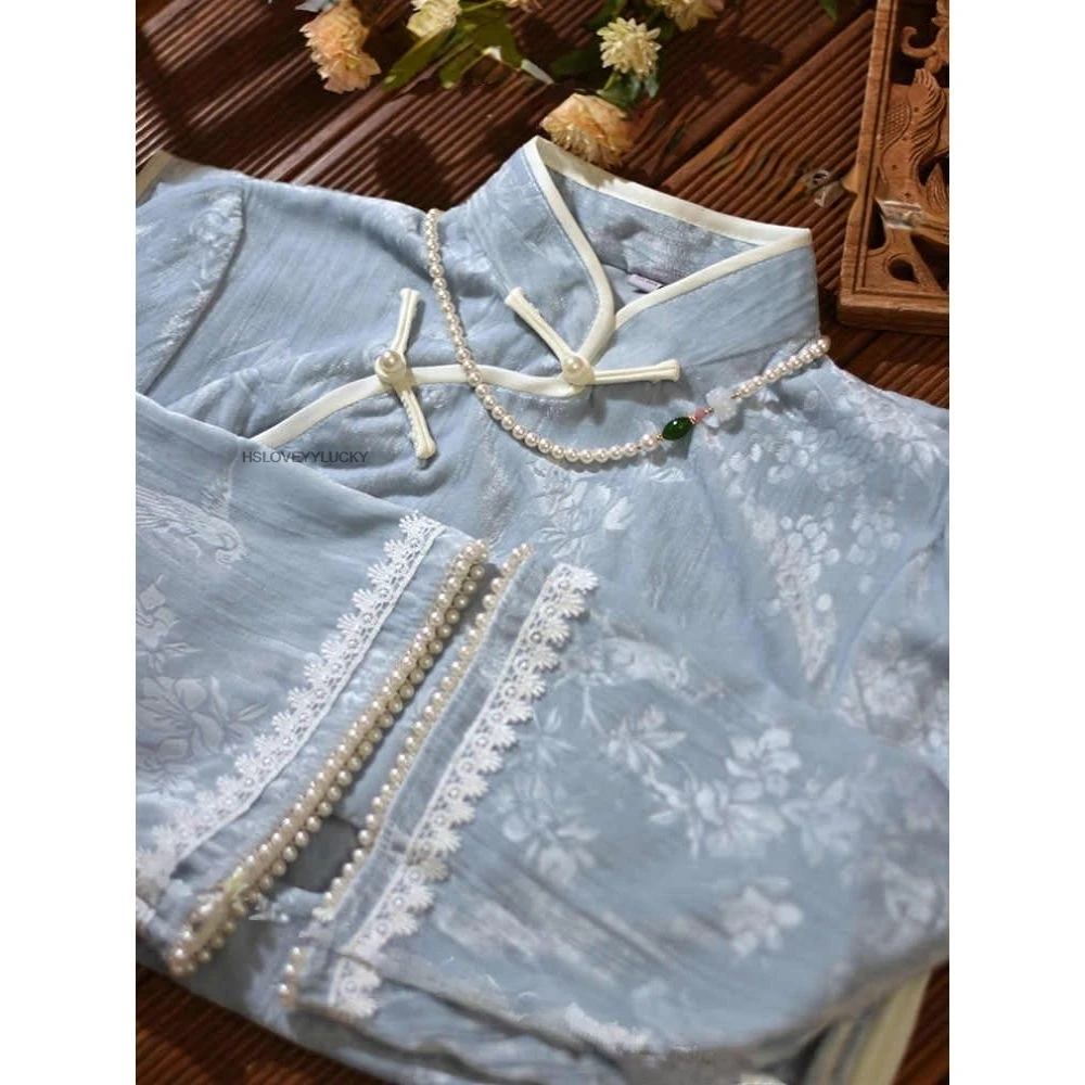 

Blue Inverted Large Sleeves Pearl Long Dress New Chinese Style Long Sleeves Floral Print Qipao For Girls Improved Lady Cheongsam