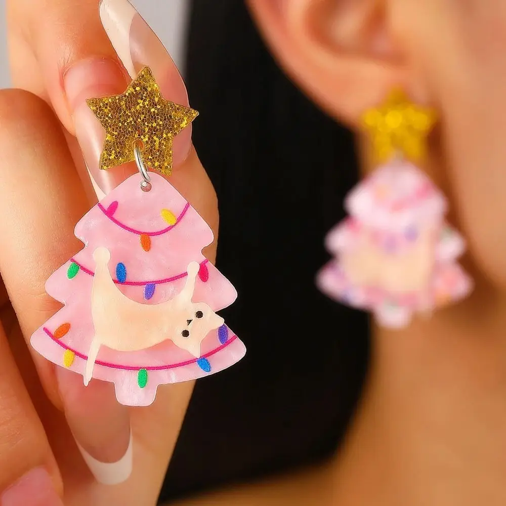 Sweet Acrylic Material Cat Earrings Cute Shape Vivid Print Christmas Earrings Cartoon Style Tree Earrings Party Decor