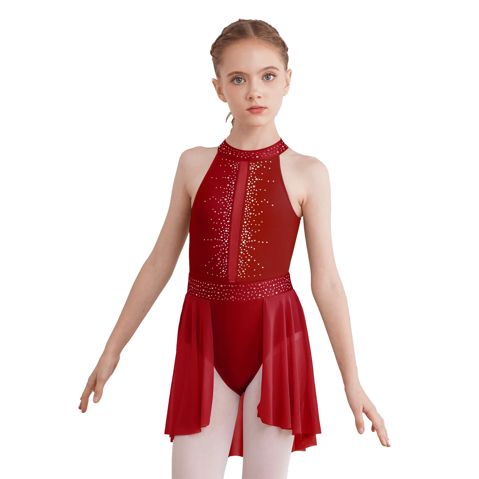 

2023 Kids Girls Sleeveless Dance Performance Costumes Mock Neck Cutout Back Leotard Dress Shiny Rhinestones Decorated Dresses