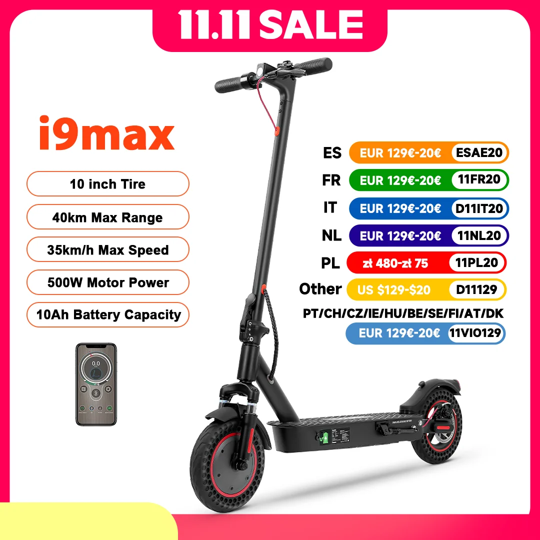 iScooter i9Max 10in Electric Scooter Max Motor 500W Dual Shock Absorption Scooters for Adult 35KM/H 10Ah Honeycomb Tire Scooter