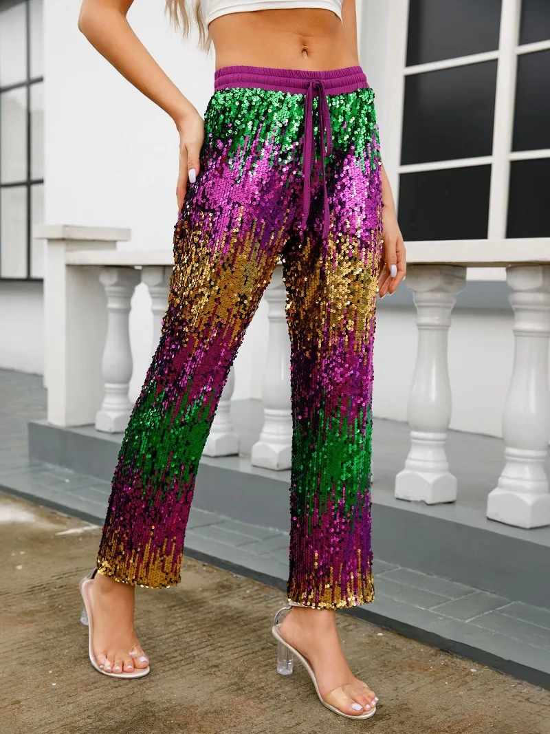 

KEXU Fashion Women Sequined Wide Leg Loose Jogger Long Pants 2025 Street Active Sporty Sweatpants Trousers
