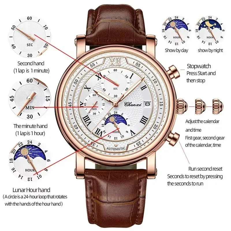 Leather Strap Men Quartz Watch Chronograph Moon Phase Date Display Luminous Hands Business Timing Male Wristwatch