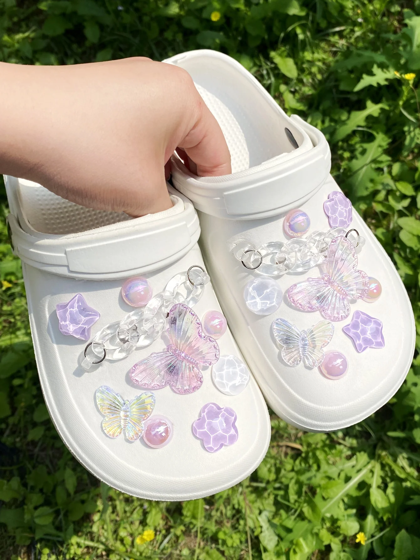 18 ชิ้นโซ่โปร่งใส,ผีเสื้อสีม่วง,ระลอกน้ําดาว,ดอกไม้,ผีเสื้อสีขาว, สีชมพู ABS Pearl รองเท้าหัวเข็มขัด DIY dec