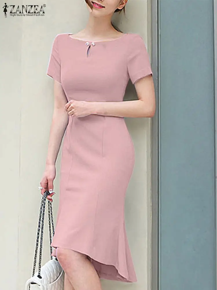 ZANZEA Party Bodycon Vestidos Office Fishtail Hem Dress 2024 Women Crew Neck Summer Short Sleeve Elegant Dress Wrap Mermaid Robe