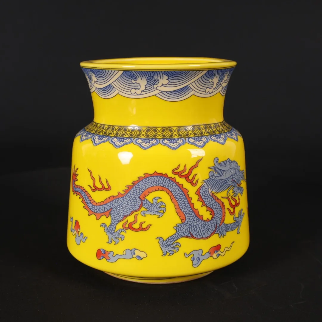 

Chinese Old Porcelain,Yellow Glazed Pink Double Dragon Pattern Vase Collectible