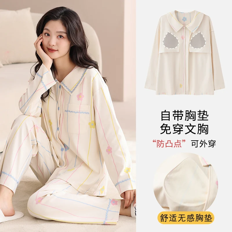 

Women Pajamas Set Spring and Autumn 100% Cotton Pyjamas Female Long Sleeve Sleepwear With Chest Pad
