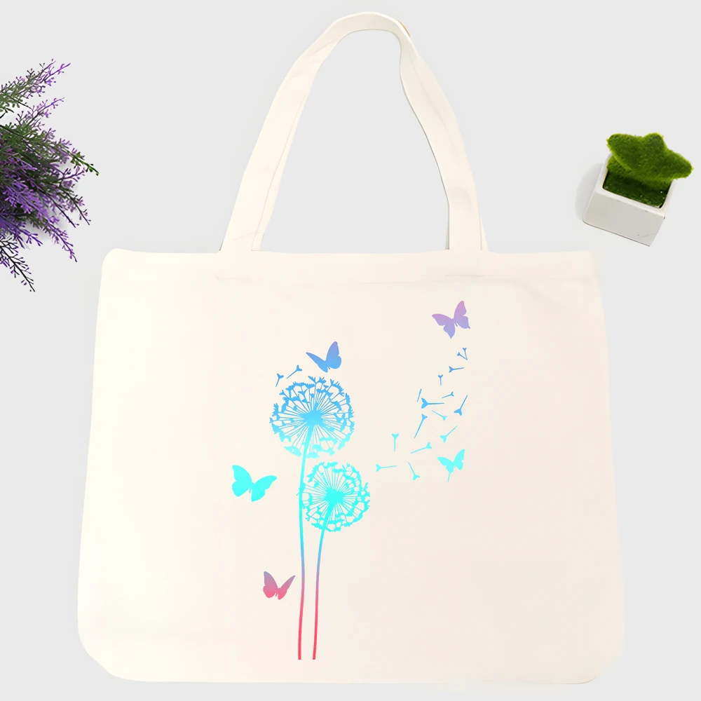 Women's dandelion and butterfly print canvas tote bag, casual style for daily shopping and summer outings