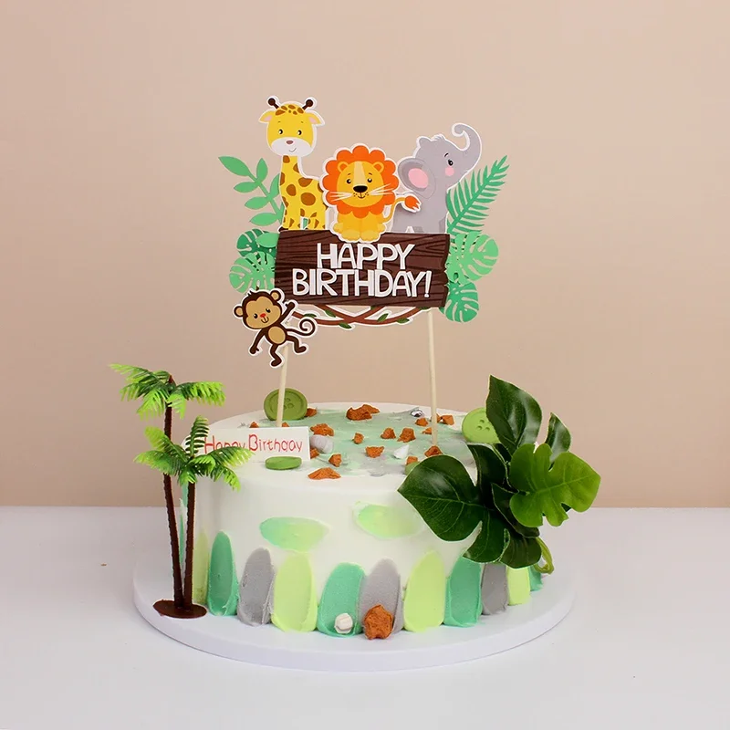 Wild Amimals Cake Topper Safari Jungle Animal Cake Flag Palm Leaves Birthday Decoration Kid Forest Party Supplies украшение