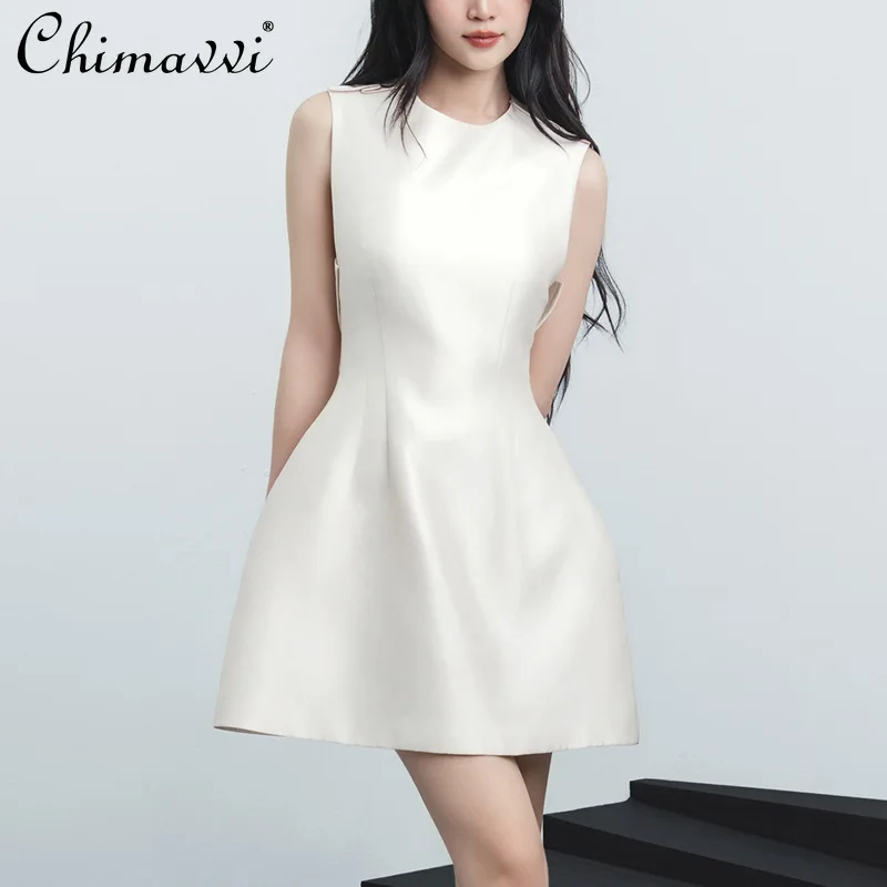 

Fashion White Elegant Waist Dress Women's Spring and Summer New Fashion Round Neck Back Big Bow Princess Party Short Dresses