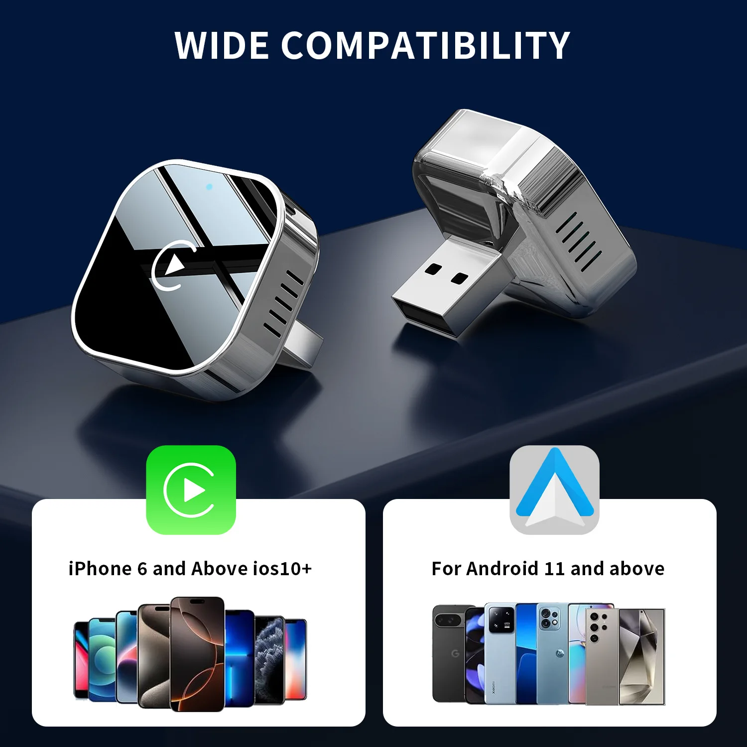 Adaptateur CarPlay sans fil Android Auto AI Box 2 en 1, Plug and Play pour voiture, conversion filaire en sans fil, faible latence, taille compacte