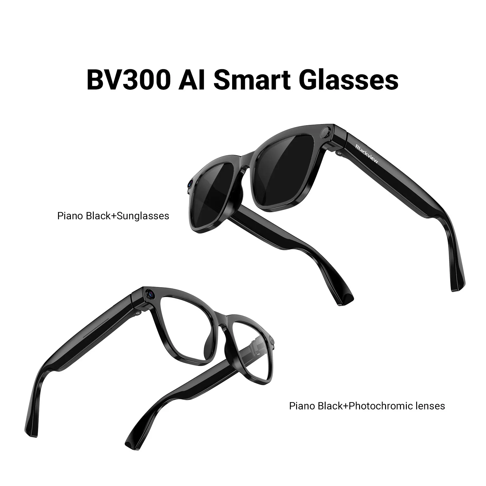 Lunettes intelligentes IA Blackview BV300, caméra 4K 8MP, traduction en temps réel par IA, enregistrement photo et vidéo, Bluetooth 5.4, appels et audio mains libres, assistant IA à réveil vocal, étanchéité IP54, mémoi